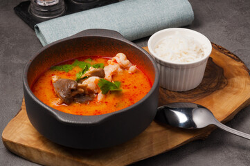 popular Thai Tom Yam soup with seafood and rice