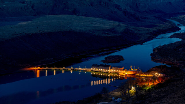 Aerial View Of Swan Falls Dam At Night On The Snake River Idaho