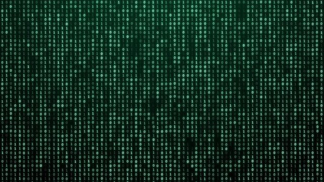 Abstract futuristic cyberspace with binary code, matrix animated background with digits. Programming code, mining cryptocurrency and bitcoin concept looped animation. Web development, virtual space