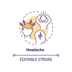 Headache concept icon. Air pollution disease symptom idea thin line illustration. Migraines triggers. Increased severity, frequency. Vector isolated outline RGB color drawing. Editable stroke