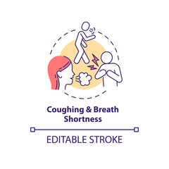 Coughing and breath shortness concept icon. Air pollution disease symptom idea thin line illustration. Lung damage. Bronchitis and asthma. Vector isolated outline RGB color drawing. Editable stroke