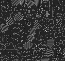 Scientific chemistry vector seamless pattern with plots, formulas, handwritten dna strands and viruses, laboratory equipment	
