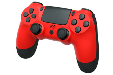Realistic red video game controller on white background