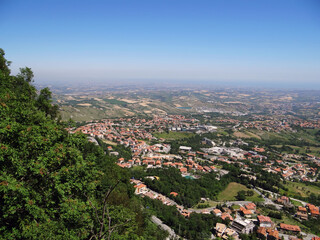 View from the fortress La Chesta to the foothills of the Apennines. Region of Emilia-Romagna. Republic of San Marino