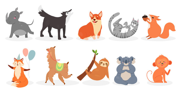 Cute animals vector illustration set. Cartoon domestic pets and zoo or wild animals characters collection, squirrel holding walnut, sloth on tree branch, koala monkey wolf dog cat isolated on white