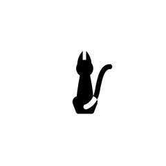 The black cat has turned away and sits with its back. Logo.Vector illustration for banner, sticker, greeting card, animal products. Flat design..