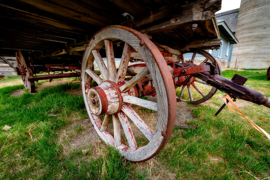 Close up of an old wagon wheel on an Idaho farm