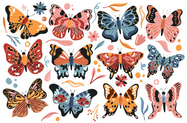 Butterfly flying set vector illustration. Cartoon colorful hand drawn butterflies fly collection with cute moth wings and insects, stylized spring summer flowers, flora leaves isolated on white
