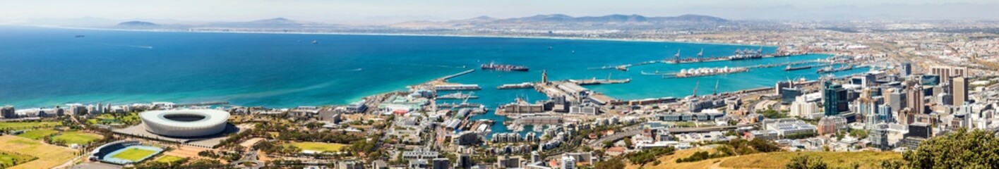 Naklejka premium Elevated Panoramic view of Green Point and Docks in Cape Town South Africa