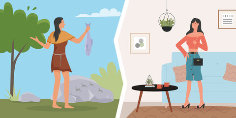 Prehistoric primitive, modern woman life evolution vector illustration. Cartoon cavewoman character in ancient clothes holding fish, young girl standing in living room interior, female evolutionary