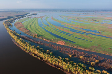 Aerial view of the Volga River in the lower reaches where the main channel splits into many small...