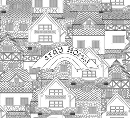 Vector seamless pattern with handwritten words "Stay home!" and houses