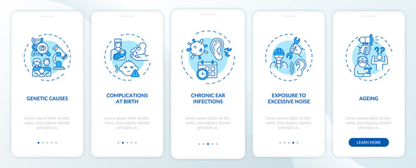 Hearing impairment onboarding mobile app page screen with concepts. Mutation, birth complications walkthrough 5 steps graphic instructions. UI, UX, GUI vector template with linear color illustrations
