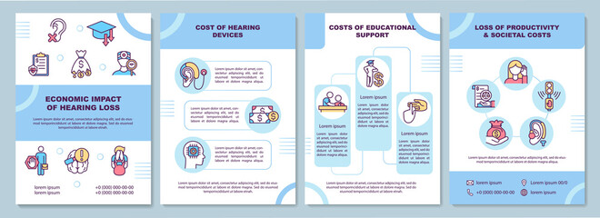 Economic hearing loss impact brochure template. Hearing device cost. Flyer, booklet, leaflet print, cover design with linear icons. Vector layouts for presentation, annual reports, advertisement pages