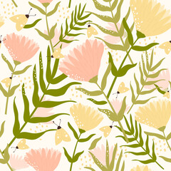 Grass field, abstract floral seamless pattern vector illustration. Wild natural herb in summer garden pastel graphic design, green leaves on branch, decorative ornamental cereal flora art background