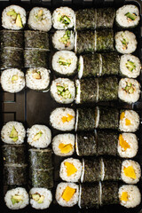 sushi rolls vegan maki no fish no seafood vegetarian cuisine veggi meal snack copy space food background rustic. top view
