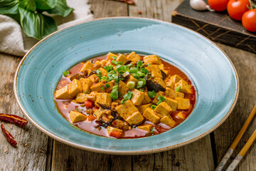 grilled spicy meat with tofu cheese chinese cuisine on old wooden table