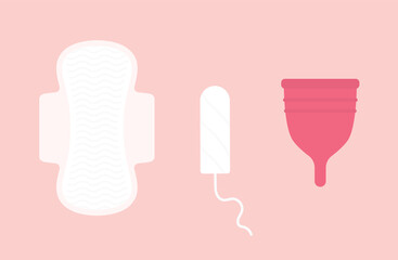 feminine hygiene products, sanitary pads, tampon and sustainable menstrual cup- vector illustration
