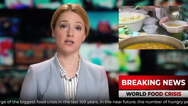 TV News female anchorman talks breaking news about the global food crisis