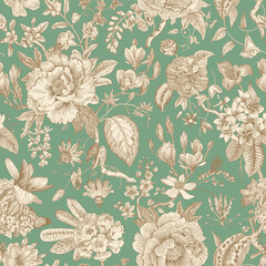 Bloom. Vintage floral seamless pattern. Spring flowers. Green and brown.