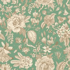 Behang Vintage stijl Bloeien. Uitstekend bloemen naadloos patroon. Lente bloemen. Groen en bruin.