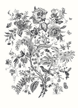Decorative floral element. Blooming tree. Vintage vector illustration. Black and white