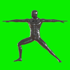 A male black mannequin stands in a lunge with arms spread out to the sides against a bright green background. 3d rendering