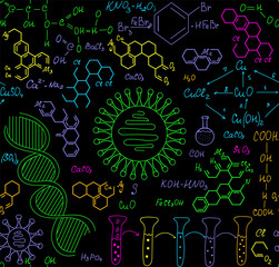 Chemistry and biology educational vector seamless pattern with multicolored handwritten formulas and dna strands, molecular equations	
