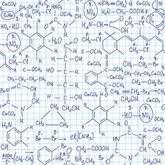 Scientific chemical vector seamless pattern with chemistry formulas, tasks and equations handwritten on copybook grid paper