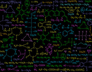 Colorful scientific vector seamless pattern with multicolored plots, chemistry formulas, handwritten dna strands and viruses, laboratory equipment - 432184834