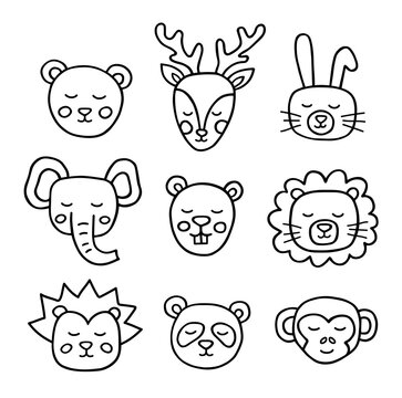 Cute hand drawn animal heads. Collection of baby animals in doodle style on a white background. Linear vector illustration.