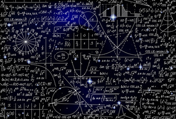 Mathematical vector endless seamless pattern with formulas, figures and calculations handwritten on the starry background