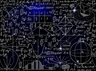 Scientific space vector seamless pattern with handwritten math formulas, calculations and figures