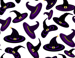 Halloween vector seamless pattern with various colorful witch hats	
