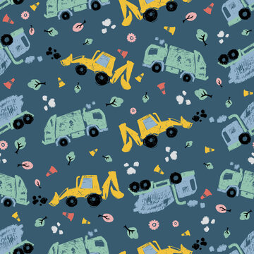 Vector dark blue pen skech doodle cute tilted cement trucks transport vehicles seamless pattern. Suitable for textile, gift wrap and wallpaper.