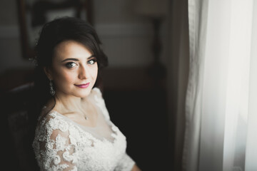 Fototapeta premium Beautiful bride wearing fashion wedding dress with feathers with luxury delight make-up and hairstyle, studio indoor photo shoot