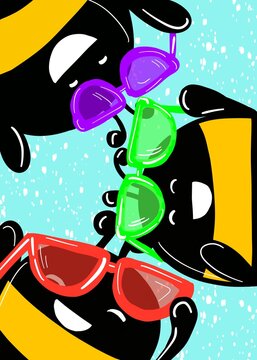Funny bees in colorful glasses.The concept of a holiday,party,holiday,summer.A hand-drawn image in the style of a doodle, cartoon.