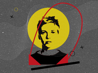 Digital abstract collage. Colorful geometric shapes. Silhouette, shadow of a young woman. Trendy placard for decorating a room, wall. Old texture. Gray background. Cosmic concept. Face a girl.