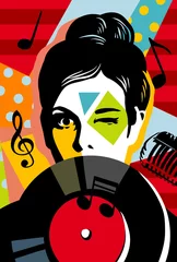 Poster Woman with music plate. Pop art microphone. Music standup concert radio podcast blog. Comic cartoon pop art retro illustration drawing. Trendy pop-art cover © jane_v_afrike