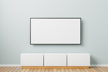 TV mockup on the wall. Minimalistic interior design with tv bedside table. 3d rendered