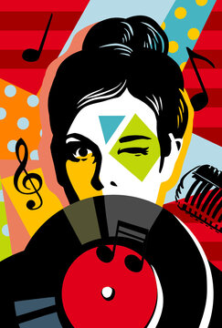 Fototapeta Woman with music plate. Pop art microphone. Music standup concert radio podcast blog. Comic cartoon pop art retro illustration drawing. Trendy pop-art cover