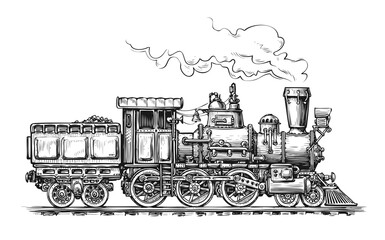 Retro steam locomotive transport sketch. Hand drawn vintage vector illustration