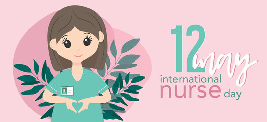 International nurse day 12 may. Happy female nurse in uniform. Pink and mint colors. Banner with lettering.Make a heart sing with hands.