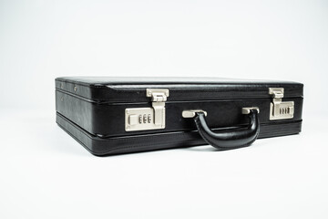 men's black leather briefcase fork, glass and plate on a white background