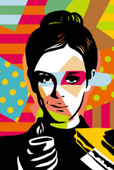 Young woman drinking coffee with a sandwich. Lunch during the working day. Fast food and time-saving. Girl eating breakfast. Pop art woman