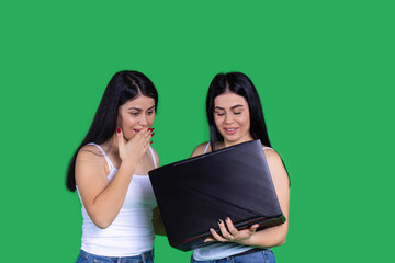 Caucasian happy business twins on a green background with a laptop computer. Success and remote work. Blogging.