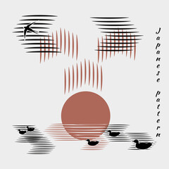 Minimalistic pattern in Japanese style. Swallows, seagulls flies into sun or sits on water. Sea, sunset, clouds on white background with black birds. Vector illustration, birds in form of hieroglyphs.