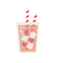  juice in a glass  with ice cubes and cherries. Fresh vegetarian drink. Healthy smoothie. Delicious cocktail. Flat vector design.
