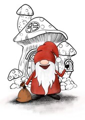 Dwarf at his house with a mushroom bag.