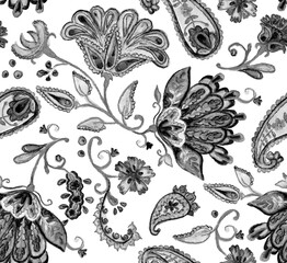 Paisley watercolor floral pattern tile: flowers, flores, tulips, leaves. Oriental indian traditional hand painted water color whimsical seamless print, ceramic design. Abstract india batik background